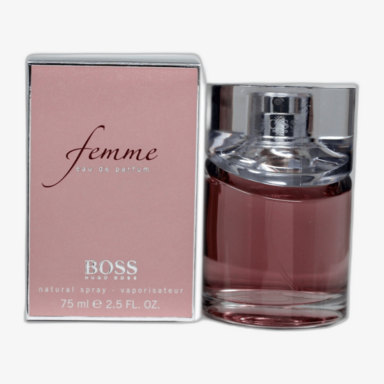 Hugo Boss Femme EDP parfüümi pudel minimalistlikul taustal, õrn naiselik aura