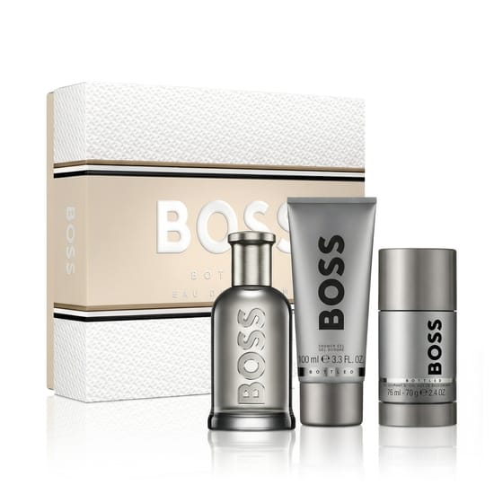Minimalist and sophisticated Boss Bottled fragrance set design