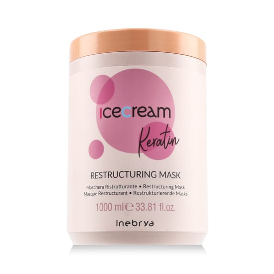 Inebrya Ice Cream Keratin Restructuring Mask Packaging – 1000 ml Inebrya Ice Cream Keratin Restructuring Mask – 1000 ml jar, rich creamy hair mask