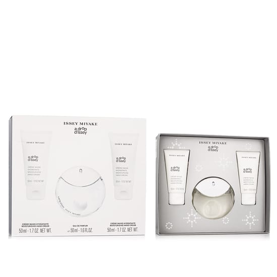 Крупный план набора Issey Miyake A Drop d'Issey EDP и кремов для рук
