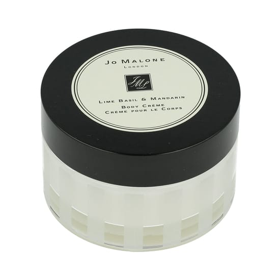 Minimalist and sophisticated packaging of Jo Malone Lime Basil & Mandarin Body Cream Jo Malone Lime Basil & Mandarin Body Cream jar, detailed view