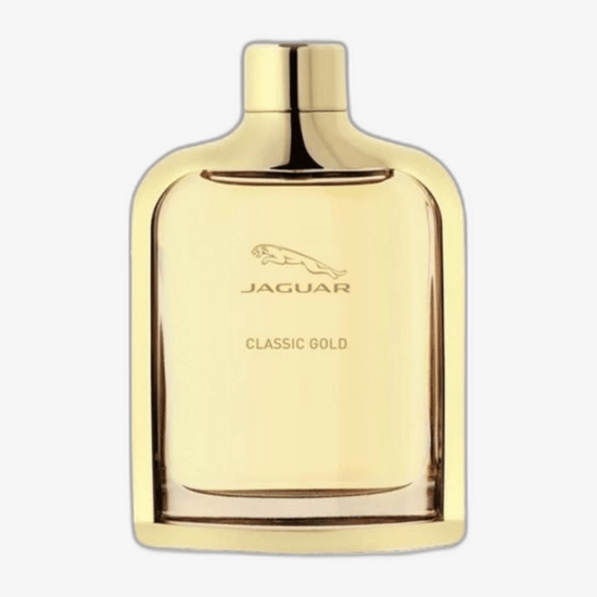 Original packaging of Jaguar Classic Gold EDT fragrance Close-up of Jaguar Classic Gold EDT bottle