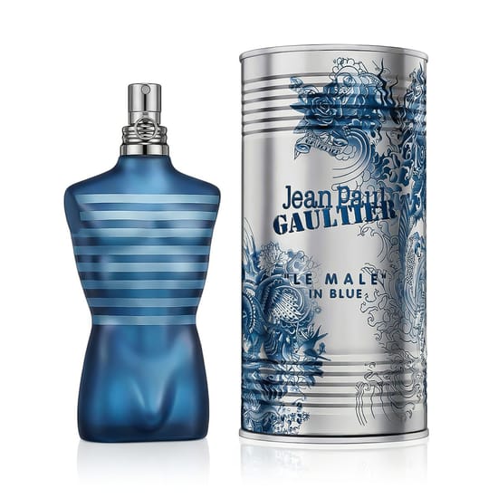 Elegant flacon of Jean Paul Gaultier Le Male In Blue EDP highlighting its refined unisex appeal