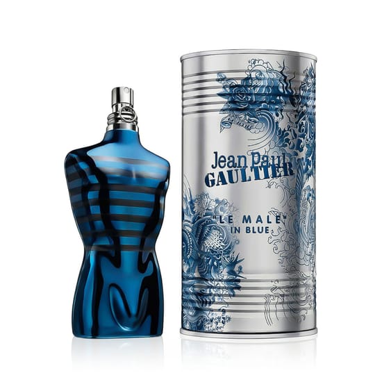 Elegant flacon of Jean Paul Gaultier Le Male In Blue EDP highlighting its refined unisex appeal