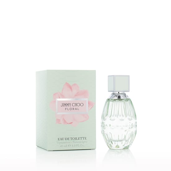 Close-up of Jimmy Choo Floral EDT perfume bottle with delicate light reflecting off its minimalist contours