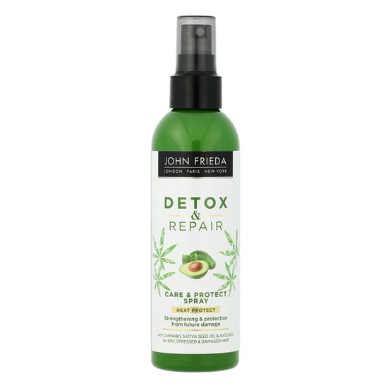 Original packaging of John Frieda Detox & Repair Care & Protect Spray Close-up of John Frieda Detox & Repair Care & Protect Spray bottle