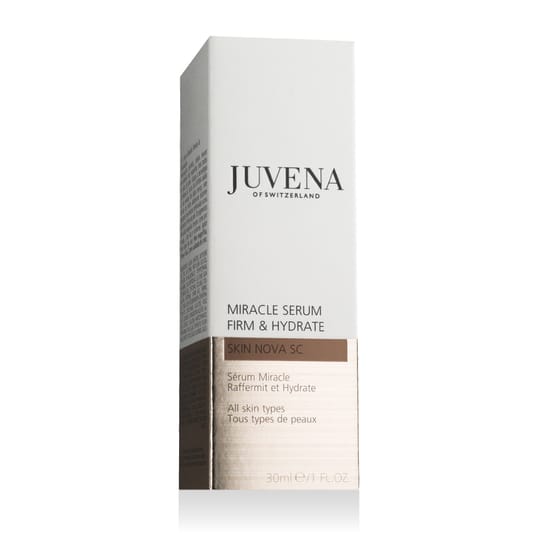 Close-up of Juvena Miracle Firm & Hydrate Serum bottle