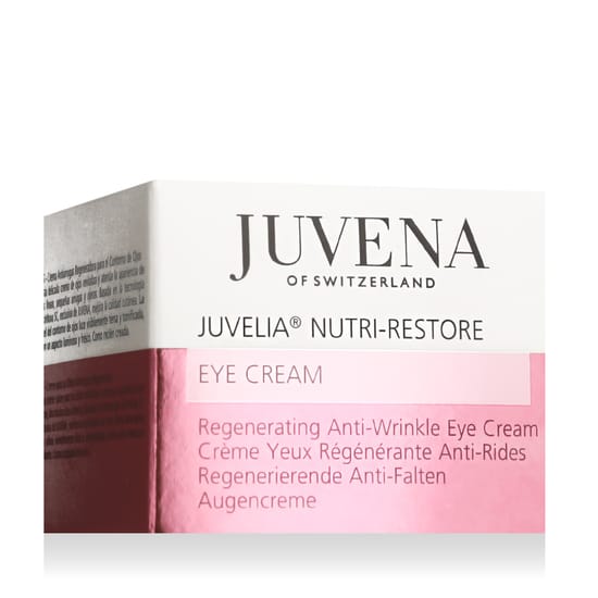 Juvena Juvelia® Nutri-Restore Eye Cream shown in elegant packaging, close-up texture of cream