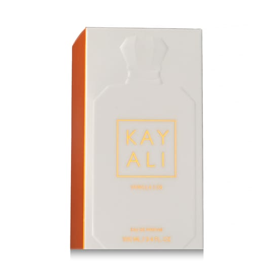 Original packaging of Kayali Vanilla 28 EDP Close-up of Kayali Vanilla 28 EDP bottle