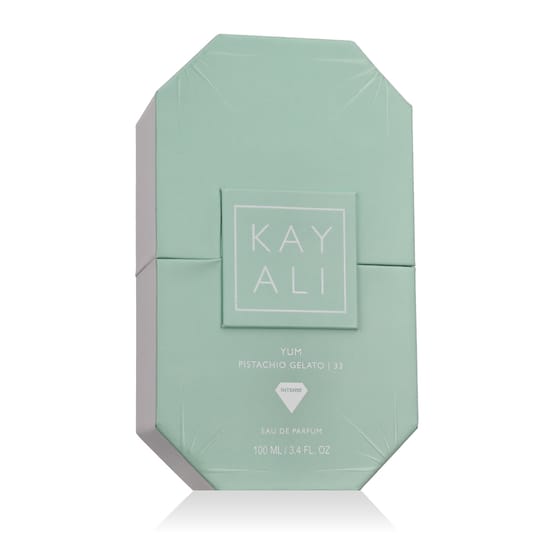 Close-up of Kayali Yum Pistachio Gelato | 33 EDP Intense bottle