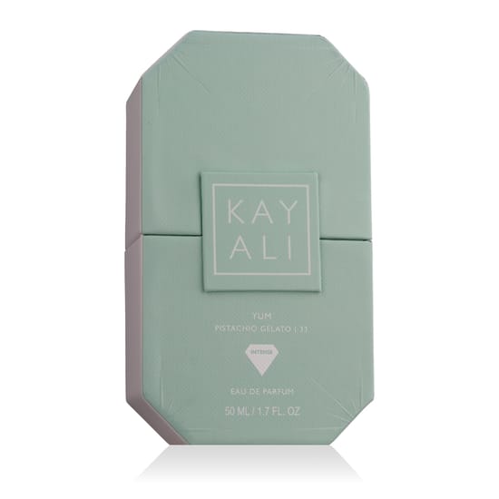 Close-up of Kayali Yum Pistachio Gelato | 33 EDP Intense bottle
