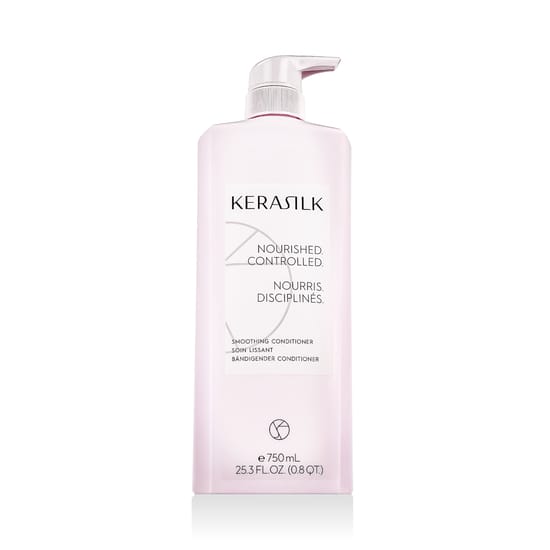 Оригинальная упаковка кондиционера KERASILK Essentials Smoothing Conditioner Бутылка кондиционера KERASILK Essentials Smoothing Conditioner крупным планом