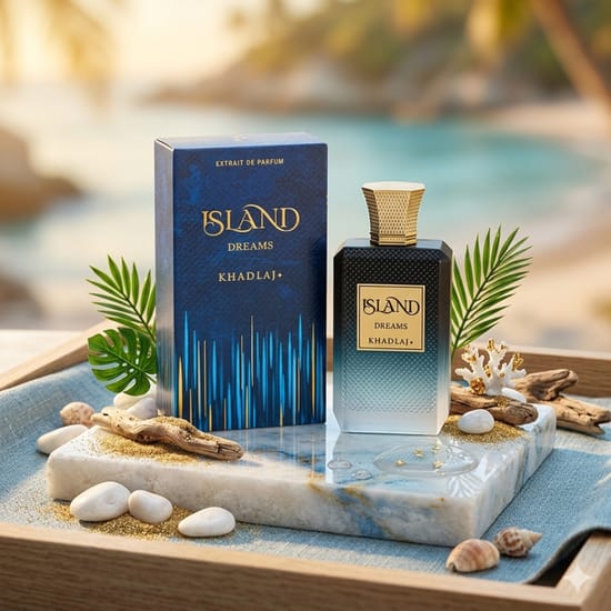 Original packaging of Khadlaj Island Dreams Extrait Khadlaj Island Dreams Extrait bottle close-up
