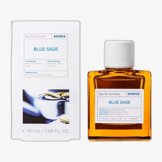 Original packaging of Korres Blue Sage Eau de Toilette Elegant bottle of Korres Blue Sage Eau de Toilette