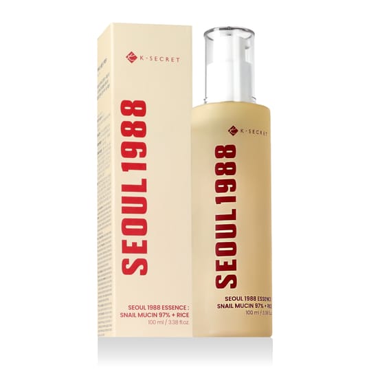 Close-up of K - SECRET SEOUL 1988 Snail Mucin 97% + Rice Essence bottle