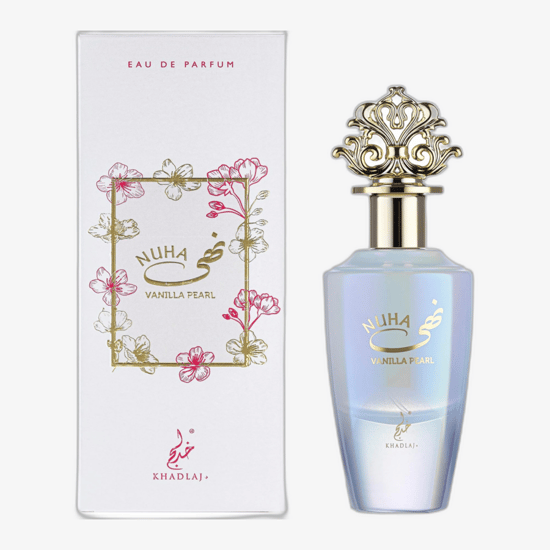 Бутылка Khadlaj Nuha Vanilla Pearl EDP с близкого расстояния