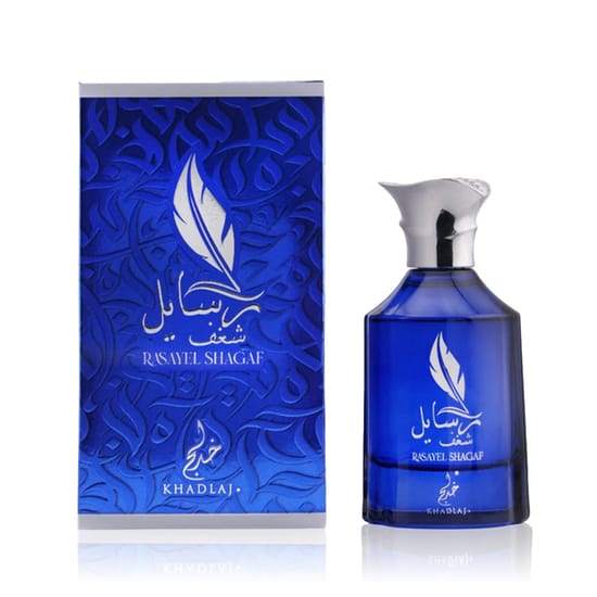 Close-up of Khadlaj Rasayel Shagaf EDP bottle
