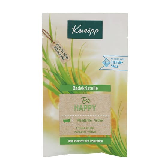 Packaging of Kneipp Be Happy Mineral Bath Salt with Mandarin and Vetiver
