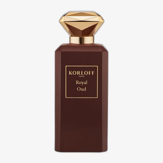 Korloff Rose Oud EDP eksklusiivne ja peen disain, minimalistlike joontega pudel