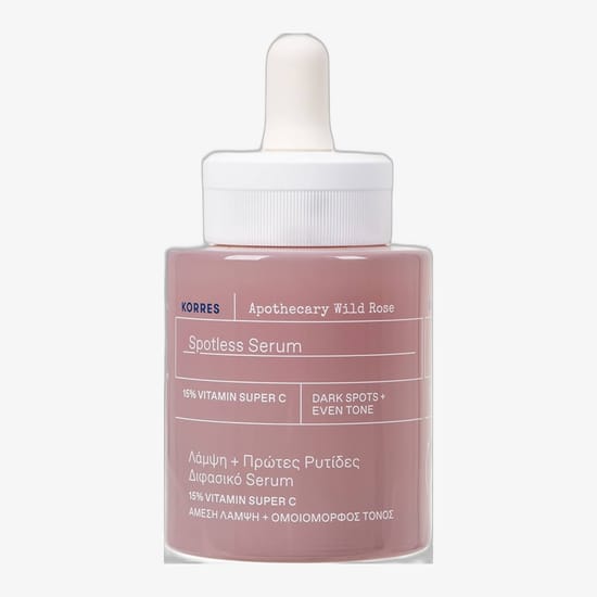 Korres Apothecary Wild Rose plekivaba seerumi originaalpakend Korres Apothecary Wild Rose plekivaba seerumi pudeli lähivõte