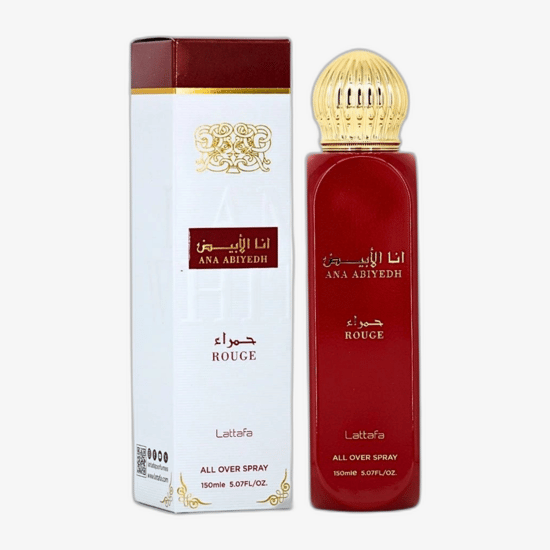 Bottle of Lattafa Ana Abiyedh Rouge Bodyspray with a unique design