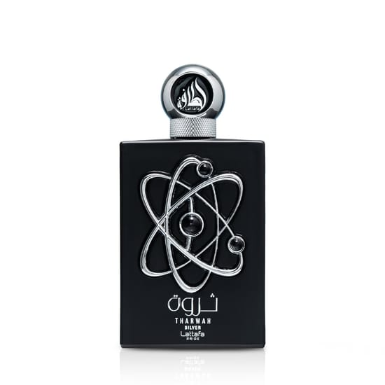 Lattafa Pride Tharwah Silver EDP pudel, mis näitab oma disaini