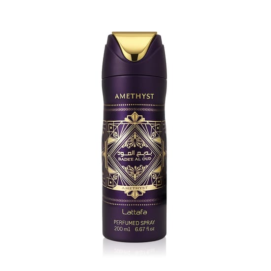 Lattafa Bade'e Al Oud Amethyst deodorant pakend ja pudel