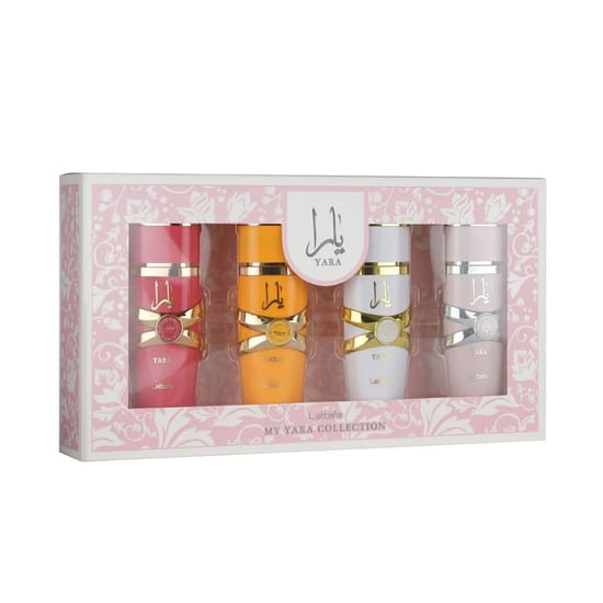 Refined Lattafa Yara EDP 25 ml fragrance set featuring Yara, Yara Candy, Yara Moi, and Yara Tous bottles