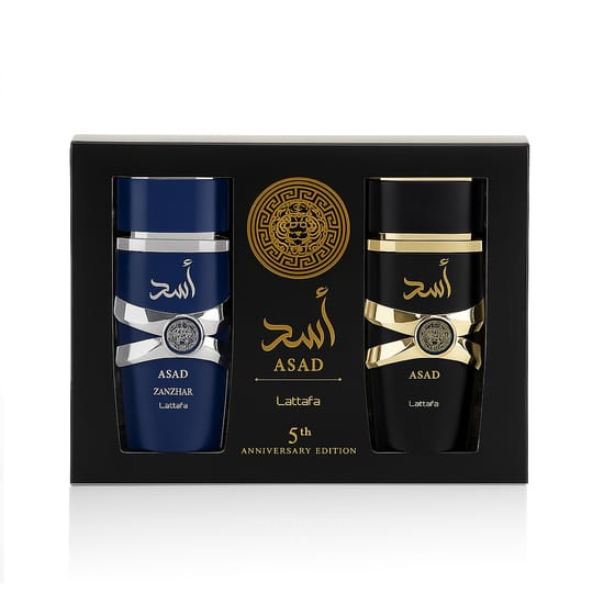 Minimalist, elegant Lattafa Asad EDP Asad and Zanzibar perfume bottles