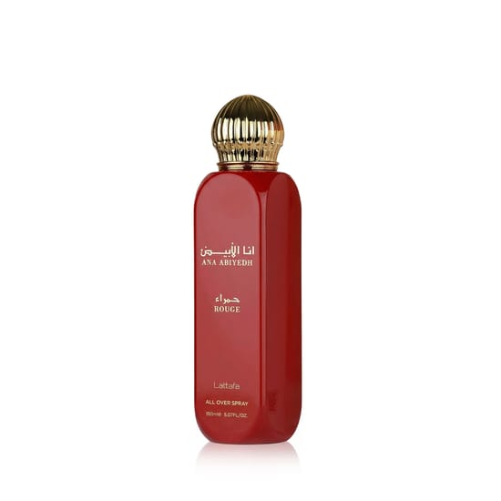 Bottle of Lattafa Ana Abiyedh Rouge Bodyspray with a unique design