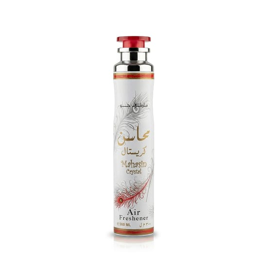 Lattafa Mahasin Crystal Interior Scent – Contemporary Home Fragrance Bottle Design Minimalist bottle of Lattafa Mahasin Crystal Interior Scent emitting a delicate, inviting fragrance