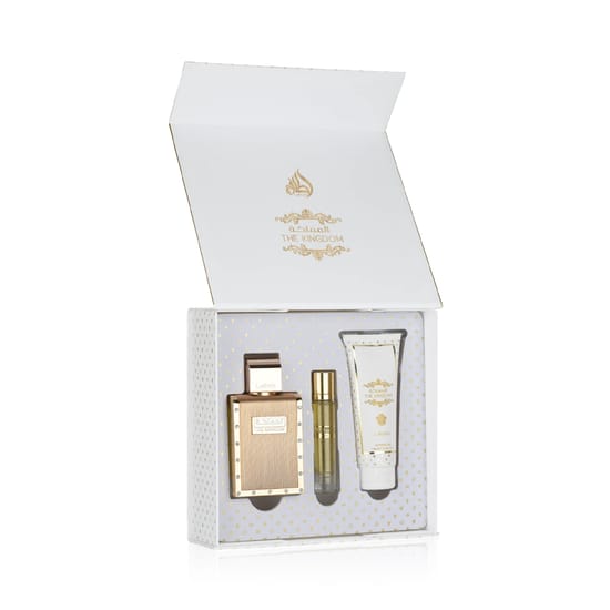 Упаковка и продукция Lattafa The Kingdom EDP Набор Lattafa The Kingdom EDP с миниатюрным и гелем для душа