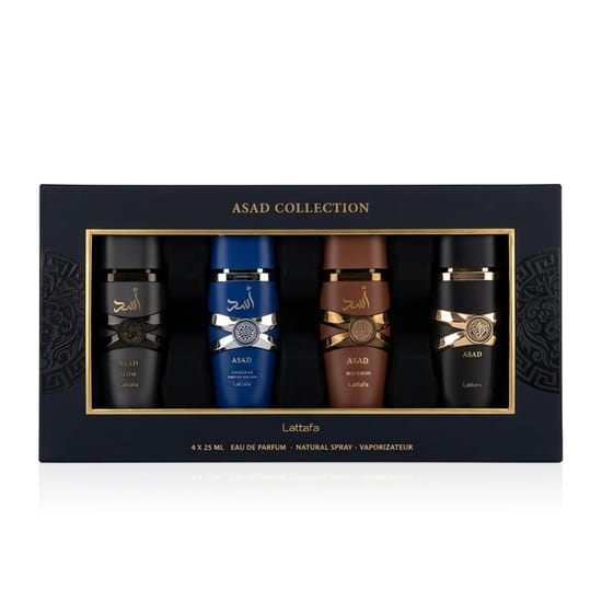 Lattafa Asad Collection 4 x 25 ml product packaging Lattafa Asad Collection 4 x 25 ml bottles displayed
