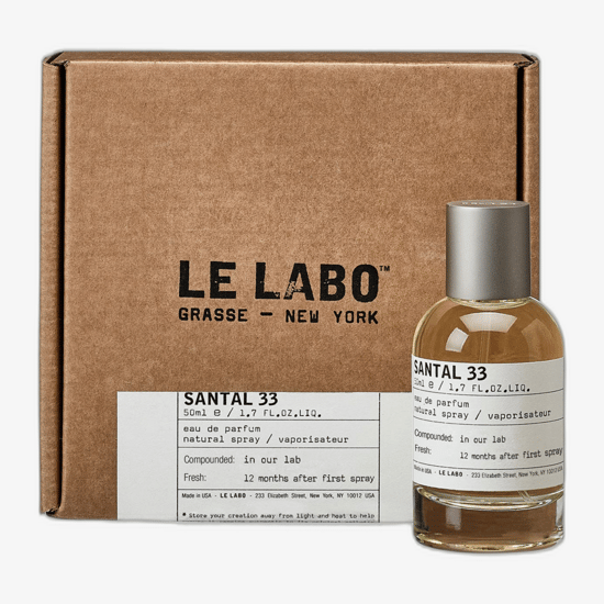 Close-up of Le Labo Santal 33 EDP bottle