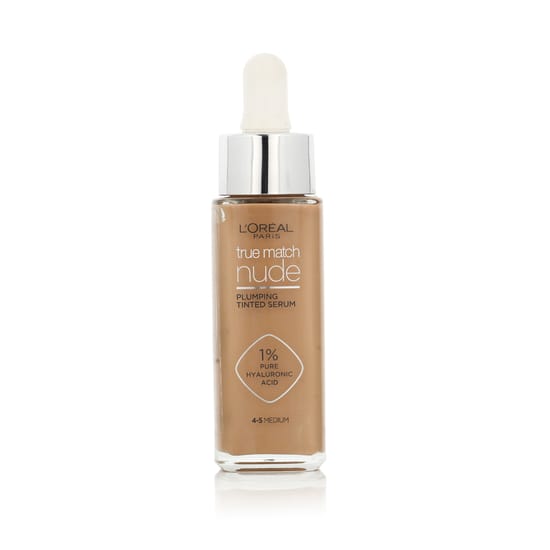 Close-up of l'oréal paris true match nude plumping tinted serum bottle