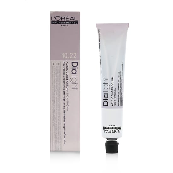 Упаковка L'Oréal Professionnel Dia Light Acidic Gloss Color 10.22 глубокий ягодный оттенок Флакон краски L'Oréal Professionnel Dia Light Acidic Gloss Color 10.22 глубокий иридесцентный ягодный оттенок