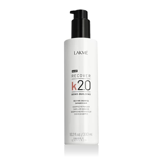 Lakme K2.0 Recover Restore šampooni kahjustatud juustele pudel