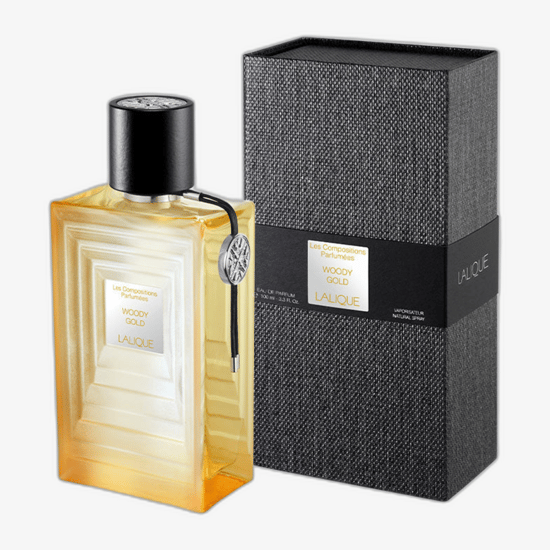 Elegant bottle of Lalique Les Compositions Parfumées Gold EDP
