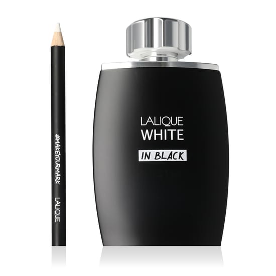 Original Lalique White in Black EDP packaging Lalique White in Black EDP bottle close-up