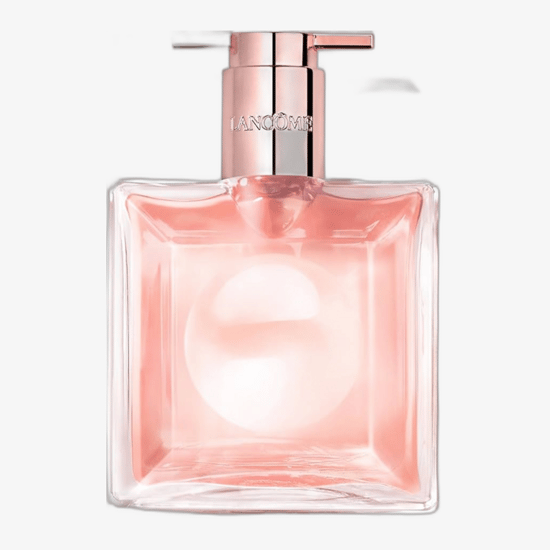Unpacked Lancôme Idôle EDP bottle, minimalist close-up, elegant floral perfume presentation