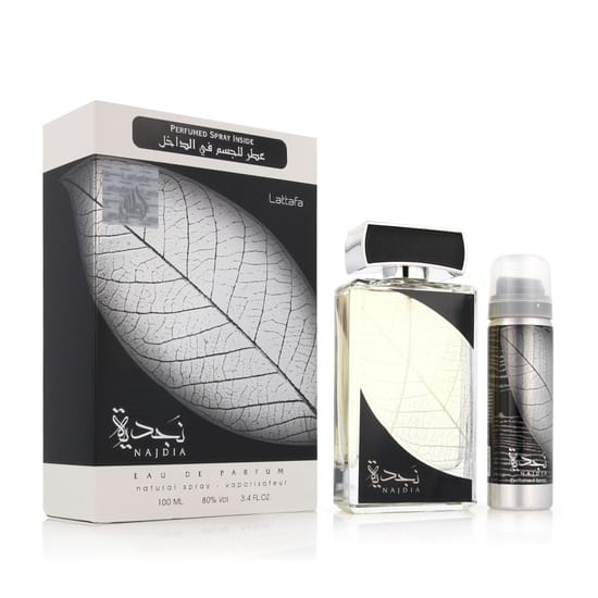 Lattafa Najdia EDP 100 ml and DEO VAPO 50 ml with elegant packaging Lattafa Najdia EDP and DEO VAPO 50 ml set on a clean white background