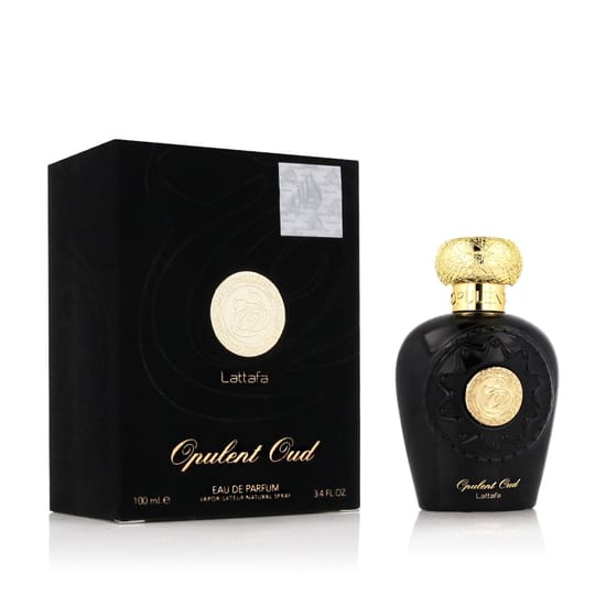 Packaging of Lattafa Opulent Oud EDP Close-up of Lattafa Opulent Oud EDP bottle
