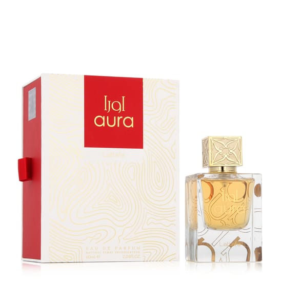 Close-up of the elegant Lattafa Aura EDP bottle