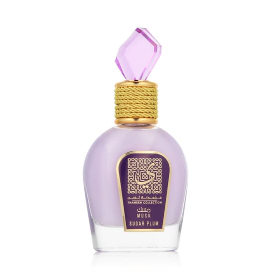 Lattafa Musk Sugar Plum EDP — современный унисекс аромат Флакон аромата Lattafa Musk Sugar Plum EDP на светлом фоне, минималистичный стиль