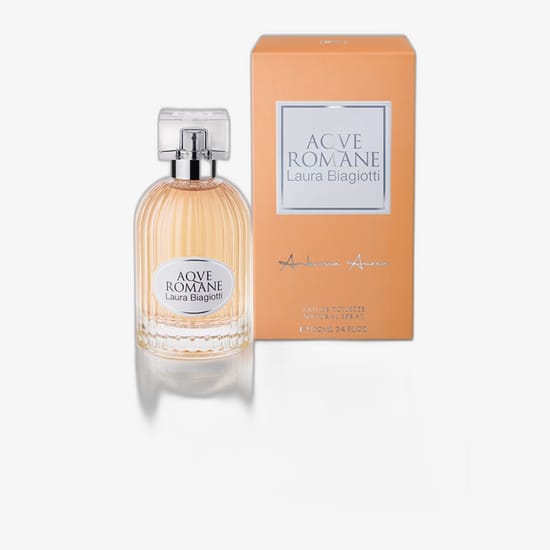 Originaalne Laura Biagiotti Aqve Romane Ambrosia Aurea EDT pakend Minimalistlik ja elegantne Laura Biagiotti Aqve Romane Ambrosia Aurea EDT pudel