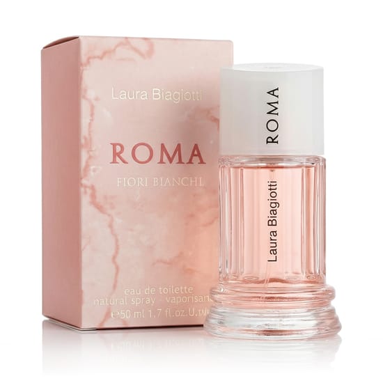 Laura Biagiotti Roma Fiori Bianchi EDT elegantne pakend Laura Biagiotti Roma Fiori Bianchi EDT pudeli detailvaade