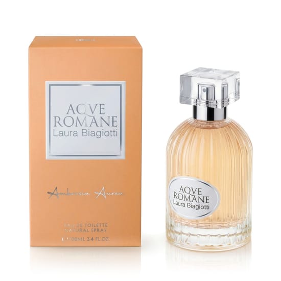 Originaalne Laura Biagiotti Aqve Romane Ambrosia Aurea EDT pakend Minimalistlik ja elegantne Laura Biagiotti Aqve Romane Ambrosia Aurea EDT pudel