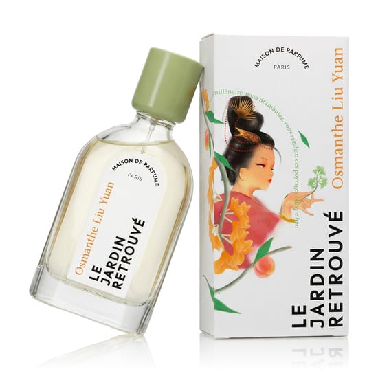 Original packaging of Le Jardin Retrouvé Osmanthe Liu Yuan Eau de Parfum Close-up of the Le Jardin Retrouvé Osmanthe Liu Yuan Eau de Parfum bottle