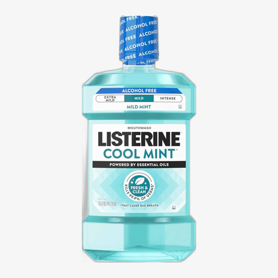 Listerine mouthwash cool mint packaging Bottle of Listerine mouthwash cool mint extra fresh