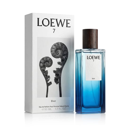 Original packaging of Loewe 7 Elixir EDP Close-up of Loewe 7 Elixir EDP bottle